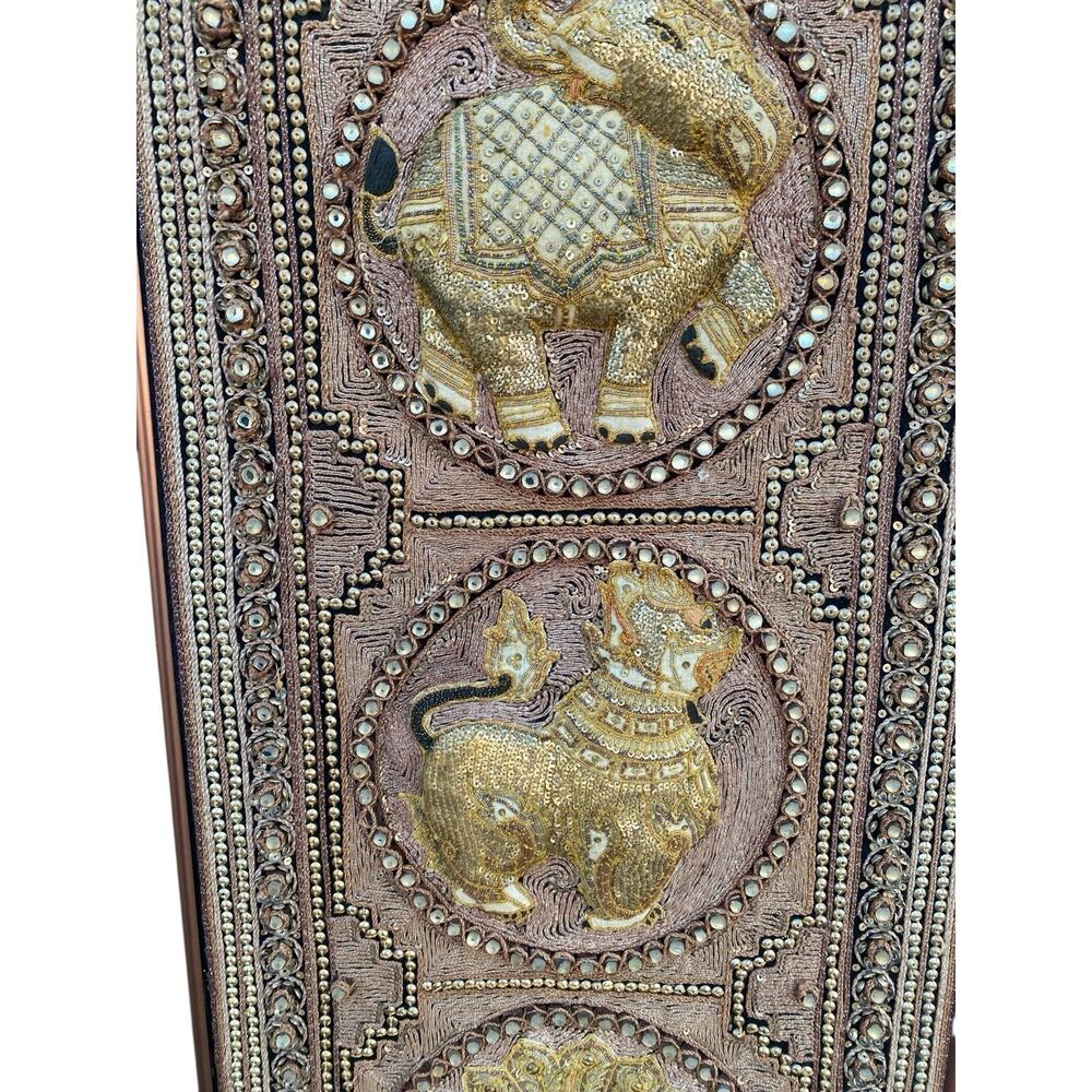 Vtg Burmese Thai Kalaga Tapestry Wall Art Elephant Peacock Lion Beaded 54” Large - Picture 11 of 16